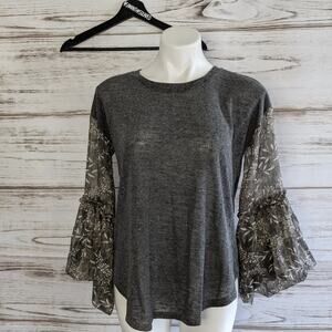 Mystree Sheer Balloon Sleeve Gray Top sz Small